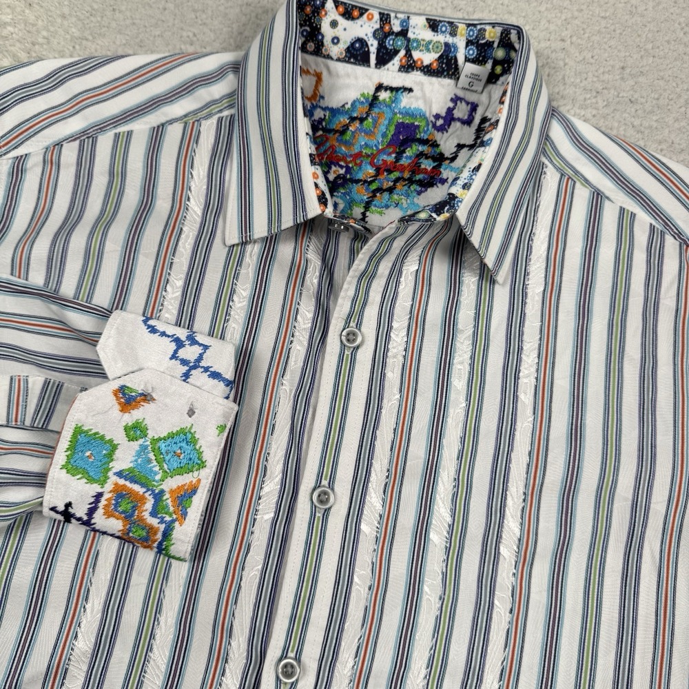 Robert Graham Shirt Men's Large Striped Embroidered Flip Cuff Colorful Modern‎